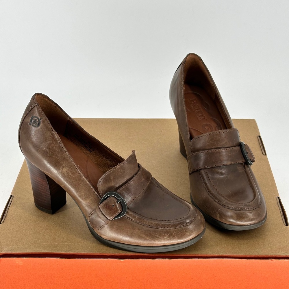 Born Brown Leather Buckle Block Heel Loafer Pump Slip On Clogs Y2K Boho Fall 6